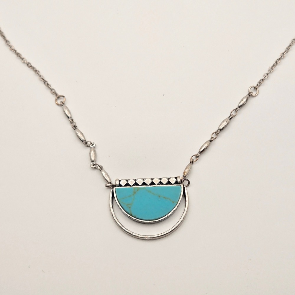 Southwestern Silver Tone Faux Turquoise Half Moon Pendant Necklace Adjustable